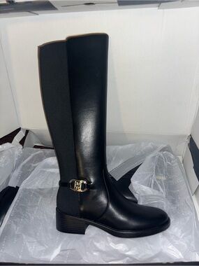 Tommy Hilfiger Black Leather Tall Riding Boots with Gold Logo Buckle